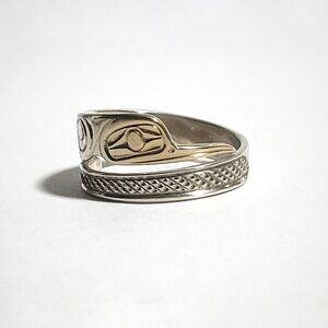 First Nations Sterling Silver and 14K Gold Hummingbird Ring by Ron Jackson